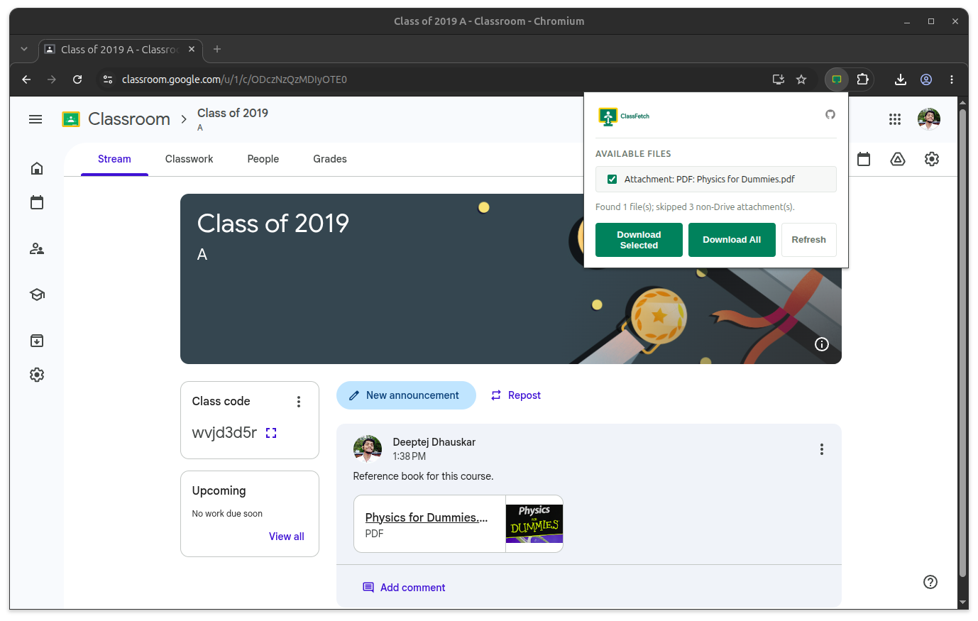 Screenshot showing a file from Google Classroom listed in the extension